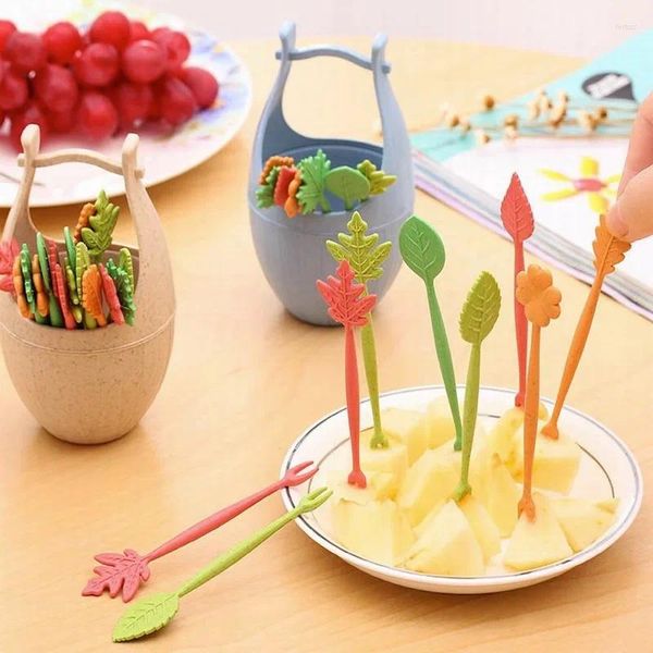 Forks Feuilles Fruit Fork Plastic Creative Bucket Store Mini Cartoon Kids Kids Cake Snack Dessert Accessoires de dents décorations Party