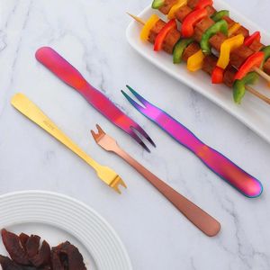 Vorken multifunctionele roestvrijstalen stalen grillgereedschap Gold BBQ vork dumpling lepel dessertfruit voor kinderen picks keuken