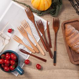 Vorken Natuurlijke houten vork Bestek Herbruikbaar Desserts Salade Taart Fruit Japanse stijl Servies Keuken Kookgerei Accessoire