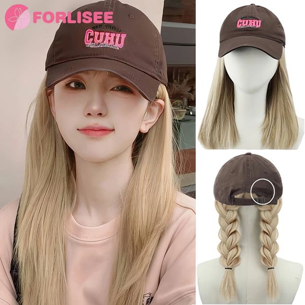 FORLISEE-Sombrero de peluca para mujer, pelo largo y liso, cubierta completa para cabeza, sombrero de béisbol de oro blanco, cubierta de peluca de pelo simulado 240115