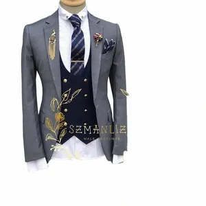 Formel 3 pièces costume pour hommes veste pantalon gilet bouts d'or coupe mince mariage formel smoking marié busin blazer ensembles q0sU #