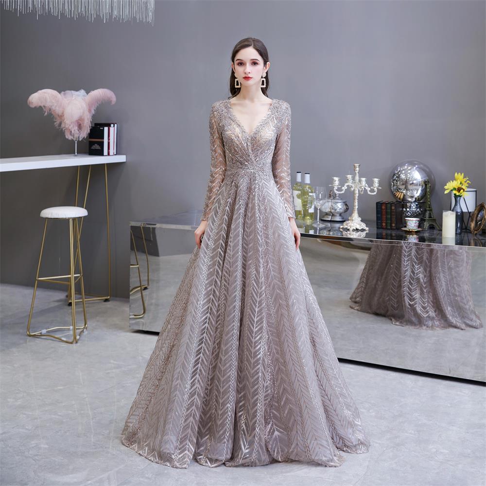 A-line Party Dresses Beaded Embroidery Party Lace Fabric Prom Dresses V-neck Women Long Sleeve Evening Gown YS69448