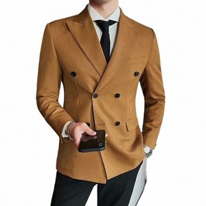 Veste de blazer formelle Revers plat Slim Fit Casual Gentleman Manteau Hommes Fi Kaki Double Boutonnage Mariage Hommes Blazer Veste f0Gk #