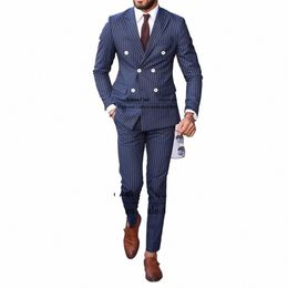 Blue Blue Stripe Male Prom Blazers 2 pièces ensembles de revers à revers des combinaisons pour le mariage slim fit double poitrine Terno masculino q6f9 # #