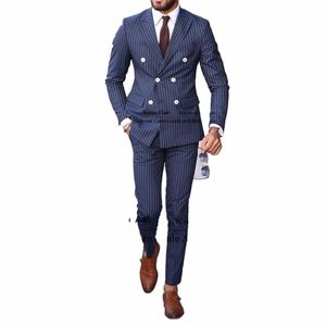 Formele Blauwe Streep Mannelijke Prom Blazers 2 Stuks Sets Piekte Revers Mannen Pakken Voor Bruiloft Slim Fit Double Breasted Terno masculino q6f9 #