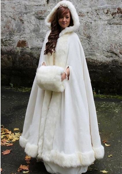 Manteaux formels à capuche longueur au sol fabuleux fermoir Cape de fourrure avec manchon et capuche Cape d'hiver veste de fête de mariage 8778094