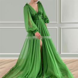 Formelle profonde col en V vert robe de soirée manches longues robes de soirée élégantes 2020 Robe De soirée en mousseline de soie Dubaï arabe robes de bal Robe