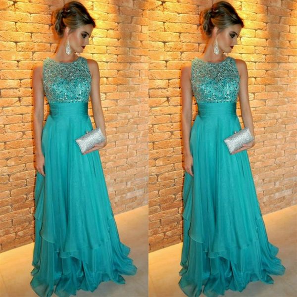 Vestido de noche formal Turquesa robe de soirée Sin mangas Hasta el suelo O Cuello Fuera del hombro Vestidos para la madre de la novia 324S