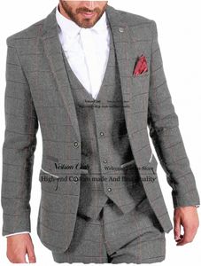 Costumes gris formels pour hommes, Tuxedos de mariage en Tweed à carreaux, 3 pièces, Busin, blazer de bal, coupe cintrée, Terno MAsculino 00RY #