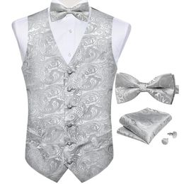 Gilet gris formel pour homme de mariage mode hommes gilet Paisley noeuds papillon mouchoir boutons de manchette ensemble robe de soirée d'affaires gilets 240325