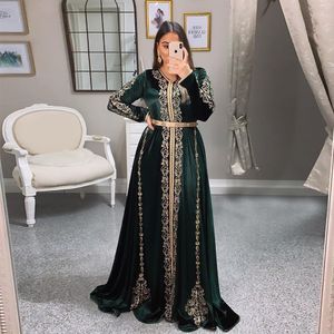 Formele jager groene avondjurken met gouden applique lange mouw Marokkaanse kaftan prom jurk 2021 gewaad de soiree feestjurken