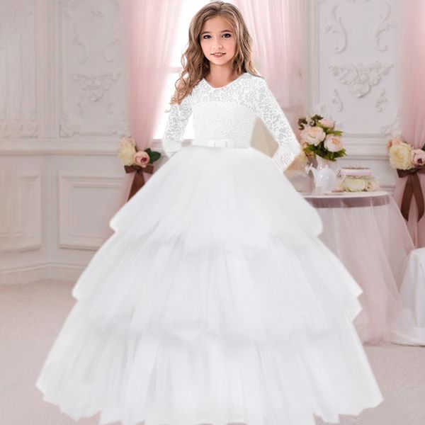 Formelle longue blanche demoiselle d'honneur filles robe gâteau dentelle princesse fête fleur robes enfants vêtements mariage robe de soirée 8 12 Vestidos