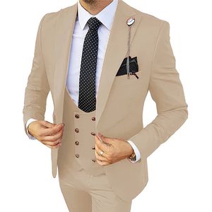 Formel hommes 3 pièces Costume de mariage marié smoking coupe ajustée costumes d'affaires Champagne Costume Homme BlazerPantsVest 240312