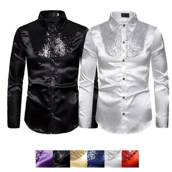 Formel hommes fête smoking chemises Slim balle mariage soie-like Satin à manches longues robe chemises hommes automne vêtements hauts paillettes Shirt340e