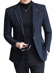 Costumes pour hommes formels Coupe régulière Stripe Laine Tweed Prom Bleu marine Tuxedo Blazer 1 pièce Costumes Busin pour les mariés de mariage Best Man F5xe #