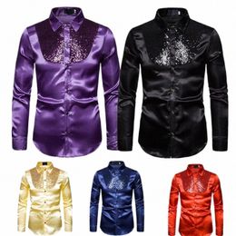 Hommes formels Slim Ball Mariage Luxe Soie-Like Satin Lg Manches Dr Chemises / TOPS Paillettes Disco Dance Chemise S-XXL 436r #