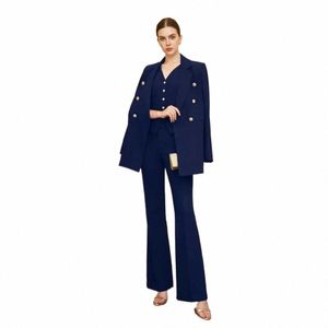 Formeel Marineblauw Dameskostuums Elegant Peak Revers Double Breasted 3-delig Chic Casual Kantoor Dame Broeksets Blazer + Vest + Broek w0GJ#