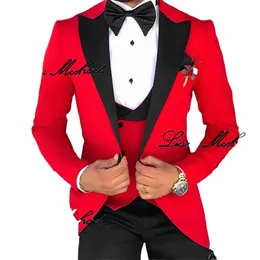 Costume de fête formelle pour hommes, smoking de mariage, veste rouge, gilet, pantalon noir, ensemble 3 pièces, Slim Fit, blazer élégant, costume pour hommes z0nR #