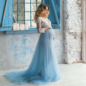 Formal Pregnant Dress Long Sleeve See Through Lace Blue Prom Evening Dresses Custom Size Plus Size 2018 Evening Dress