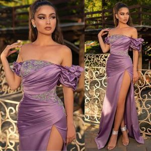Robes de bal sirène violettes formelles pour femmes Satin cristal côté fendu sans manches plissé sexy robes de soirée Robe De Mariage 328 328