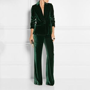 Formal Slim Fit Ropa de trabajo de negocios para mujeres 2 piezas Terciopelo verde oscuro Oficina Damas Moda Trajes con estilo Chaqueta Pantalones Set 201030