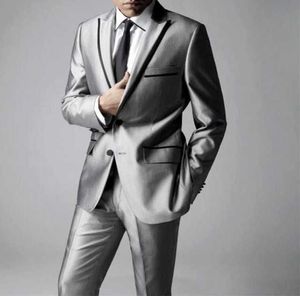 Costumes pour hommes gris argentés formels 2 pièces costumes de mariage à revers noir (veste + pantalon) Costume Homme Terno Masculino Slim X0909