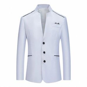 Costume formel Blazer pour hommes Slim Fit Col montant Veste Busin Travail Butt Manteau Blanc / Gris / Rose / Rouge / Bleu Marine w64O #