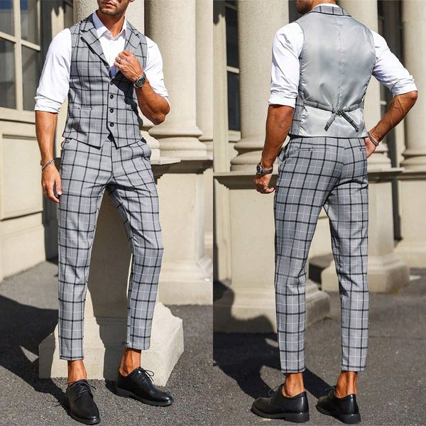 Traje Formal para hombre, chaleco de boda a cuadros para novio, pantalones, ropa de fiesta de cumpleaños para hombre, traje de boda para hombre, 2 piezas