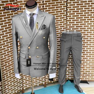 Formeel pak voor mannen bruiloft smoking double-breasted jas en broek 2-delige set zakelijke blazer gouden knopen pak bruidegom 240304