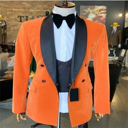 Formele twee knappe oranje stuk pakken Design Dubbele borst met dubbele borsten aangepaste mannen Coat Hoge kwaliteit Patry Coat +Vest +Vest