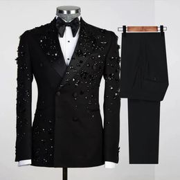 Costumes de mariage formels pour hommes Fit Slim noir perles veste pantalon 2 pièces ensembles mâle mode marié sur mesure Tuxedos bal fête 240201