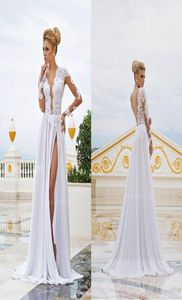 Formele witte kanten prom -jurken 2023 Slit Abendkleider Sexy Chiffon lange mouw met open rugjurk feestavond Elegant Vestido 6706878