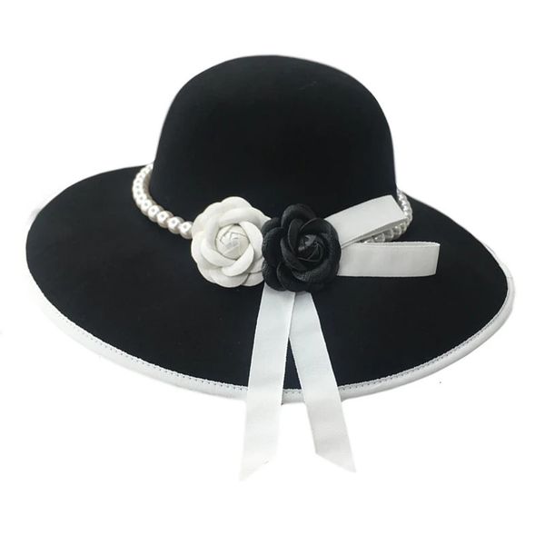 Boucheur large fleuri blanc fleur noire Fedora Hat Perles Band 100% laine Felt souples femmes de mariage église Porkpie Trilby 231221