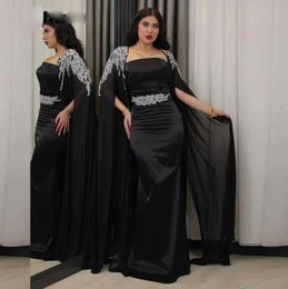 Robes de soirée satin féminines formelles manches de capuche Dubaï arabe appliquée noire en mousseline de soie