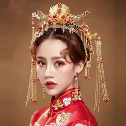 Forseven Bridal Bride Golden Headwear Set Chinese Phoenix Tiara en Crowns Coronet Haar Ornament Bruiloft Sieraden Accessoires H1022