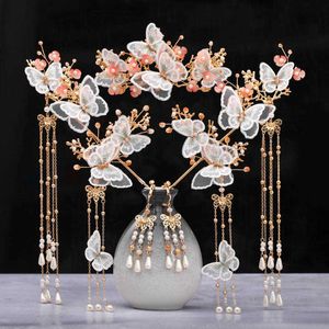 Forseven Butterfly Bloem Stap Schudden Lange Kwastje Crystal Parels Haarspelden Clips Haar Kammen Oor Clips Chinese Bruiloft Sieraden Sets H1022