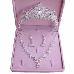 Forseven Zirkoon Rhinestone Tiara en Crown Ketting Oorbellen Set Bruids Bruiloft Haaraccessoires Sieraden Set Geschenken voor Dames H1022