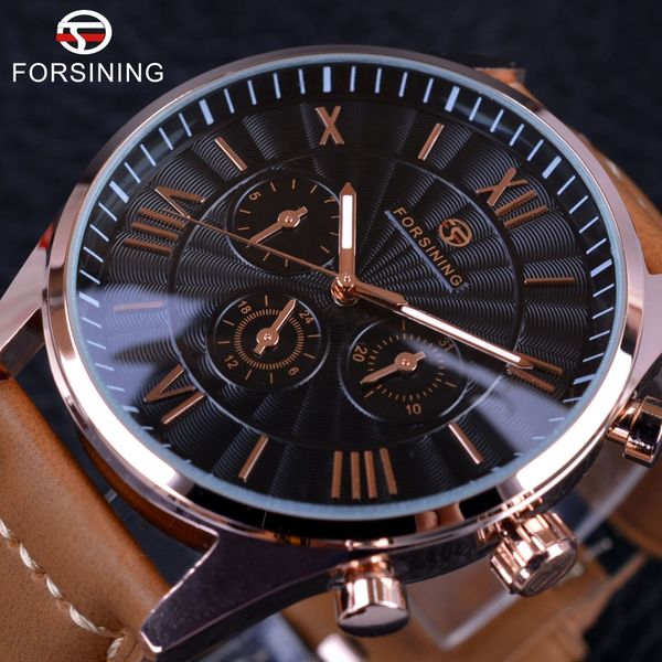 Forsining 2019 Fashion Swirl Dial Design Brown Genuine Leather Band Relojes para hombre Top Brand Luxury 3 Dial Display Reloj automático