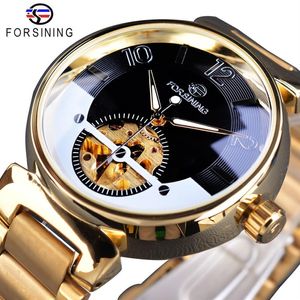 Forsining 2017, diseño creativo misterioso, reloj de acero inoxidable dorado para hombre, reloj de pulsera automático de lujo con esqueleto, Clock263R