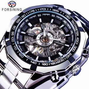 Forsining 2017 Zilver Rvs Waterdicht Heren Skeleton Horloges Topmerk Luxe Transparant Mechanisch Mannelijke Polshorloge Y1171C