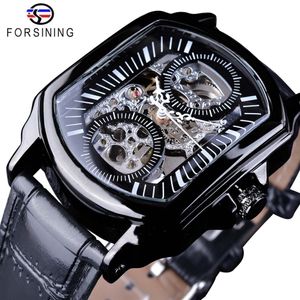 Forsining 2018 affichage noir horloge ajourée aiguilles blanches Unique deux petits cercles conception montres automatiques pour hommes marque supérieure Luxu218a