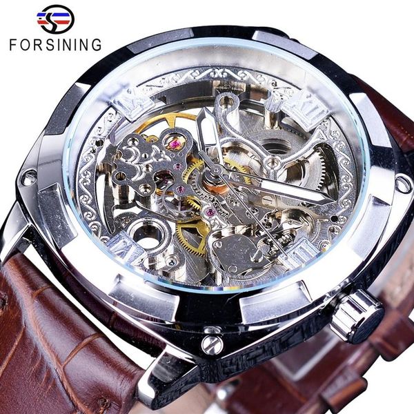 Forsiner 2018 Silver Skeleton horloge marron en cuir authentique résistant à l'eau Automatique Automatique Montres pour hommes Sports Matchs294n