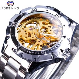 Forsining 2018 argent boîtier d'engrenage en acier inoxydable doré squelette horloge montres mécaniques pour hommes Top marque de luxe lumineux Hand219q