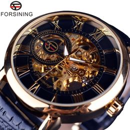 Forining 3D Design Hollow Gravure Black Gold Case Leather Skeleton Mechanical Watches Men Luxury Brand Heren Horloge 220608