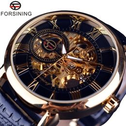 Forining 3D Design Hollow Gravure Black Gold Case Leather Skeleton Mechanical Watches Men Luxury Brand Heren Horloge 220530