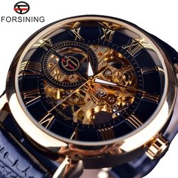 Forsining diseño 3d grabado hueco negro caja dorada cuero esqueleto relojes mecánicos hombres marca de lujo Heren Horloge 240129