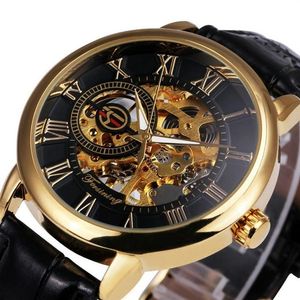 Forsiner design de logo 3D Hollow Graving Black Gold Case Skeleton Mechanical Men Watchs Heren en cuir STRAP HEREN HORLOGE Y19052287Q