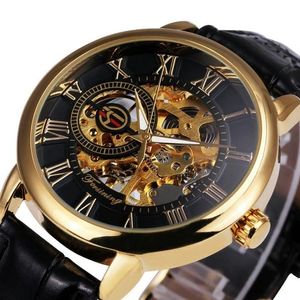 Forsining 3d Logo Ontwerp Holle Gravure Zwarte Gouden Kast Skelet Mechanische Heren Horloges Heren Lederen Band Heren Horloge Y19052282j