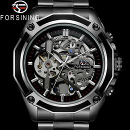 FORSINING Automatische Mechanische Heren Horloge Militaire Sport Mannelijke Klok Topmerk Luxe Zwart Stalen Skeleton Nieuwe Man Horloge 8130 Y287j