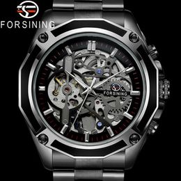Forining Automatic Mechanical Men Polshipwatch Militaire sport mannelijke klok topmerk luxe zwart stalen skelet nieuwe man horloge 8130 y2013